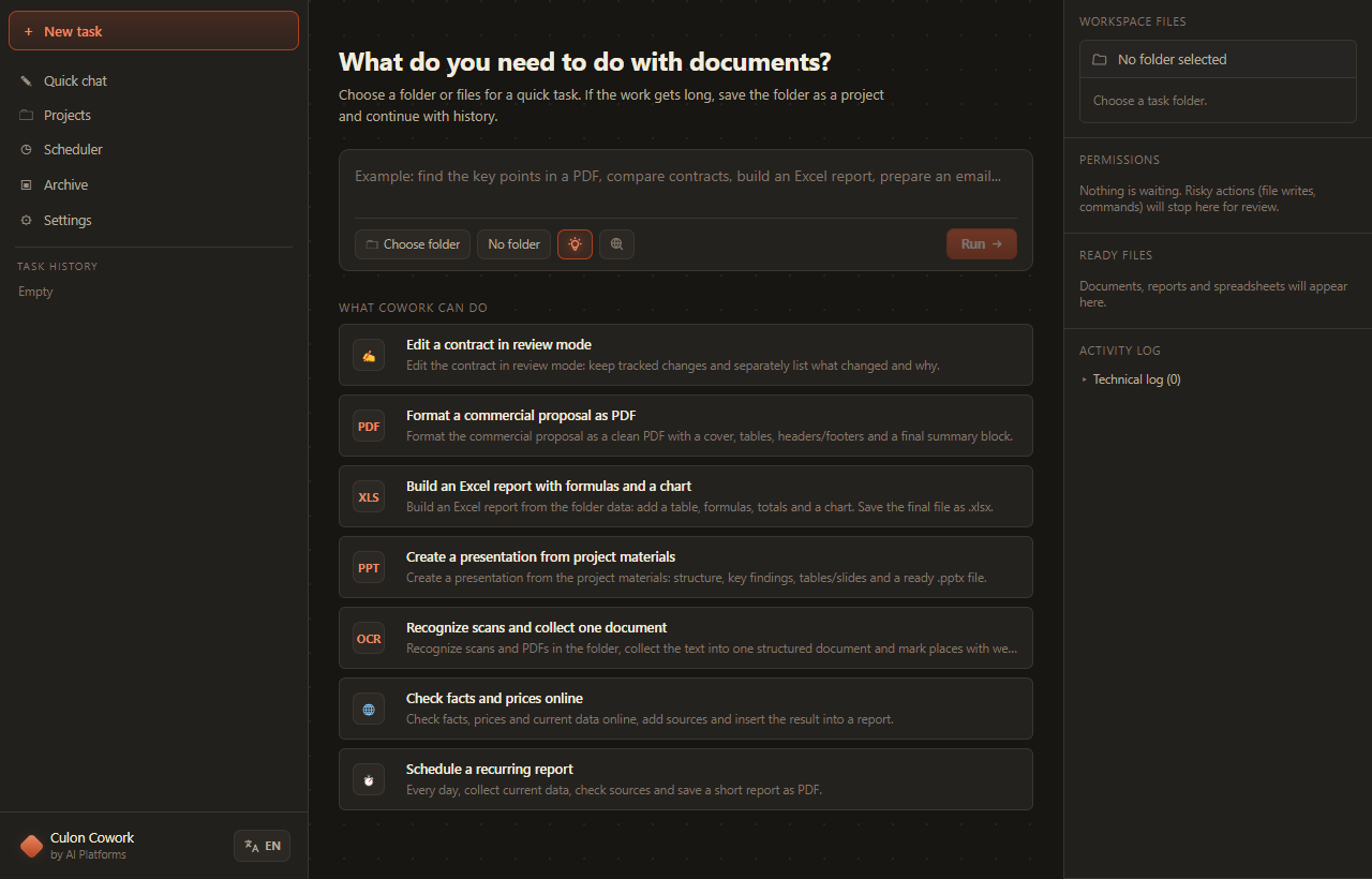 Real Culon Cowork 0.1.0 interface in English